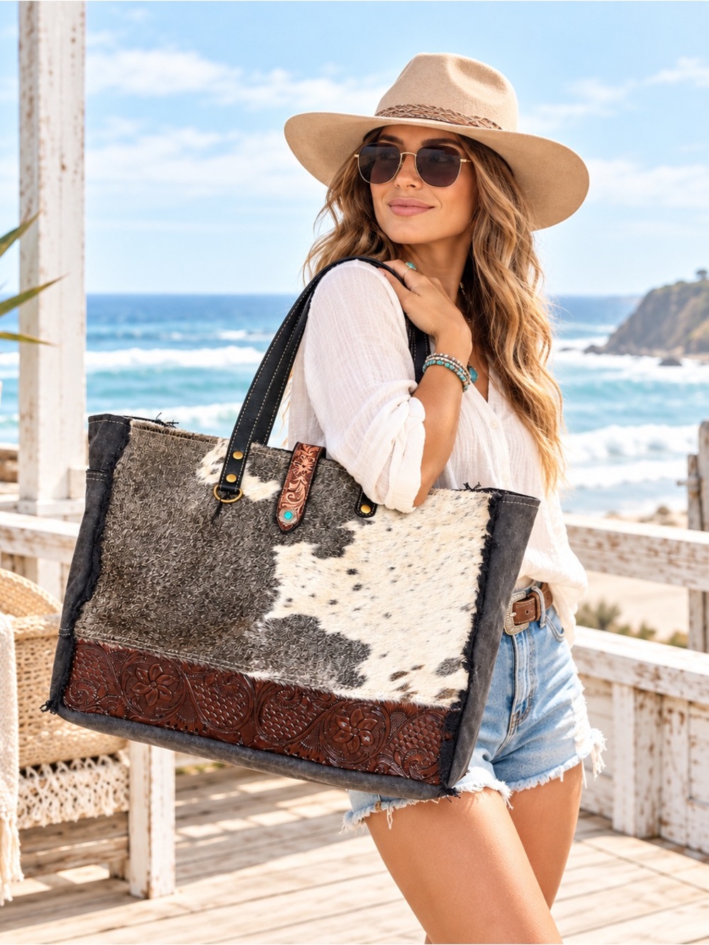Myra Cowhide Weekender Bag XL Western Tooled Leather Travel Tote NWT